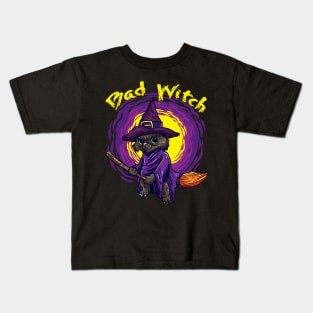 Bad Witch  Cat for a Witch riding a broom Kids T-Shirt